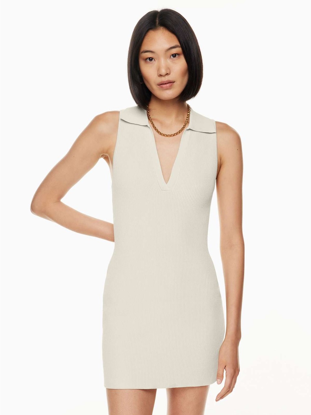 Babaton x Aritzia Cream Ribbed Collared V-Neck Mini Dress